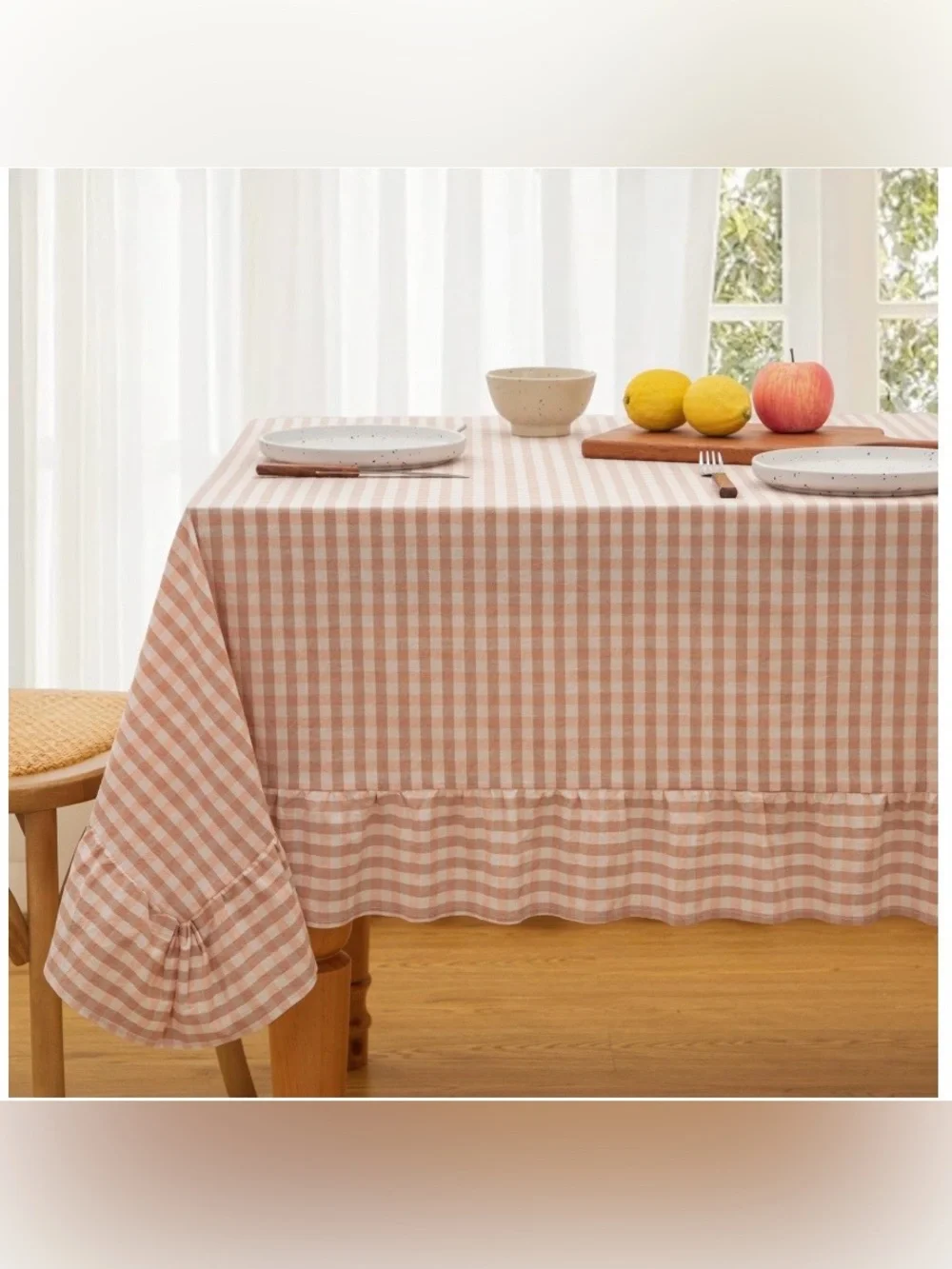 Light PINK PLAID GINGHAM Ruffle Tablecloth Rectangular 84x60”